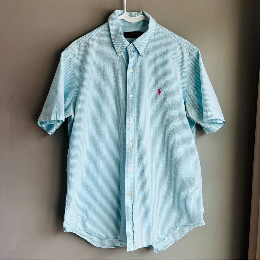 Ralph Lauren Light Blue Short Sleeve Button-Down Shirt with Pink Pony